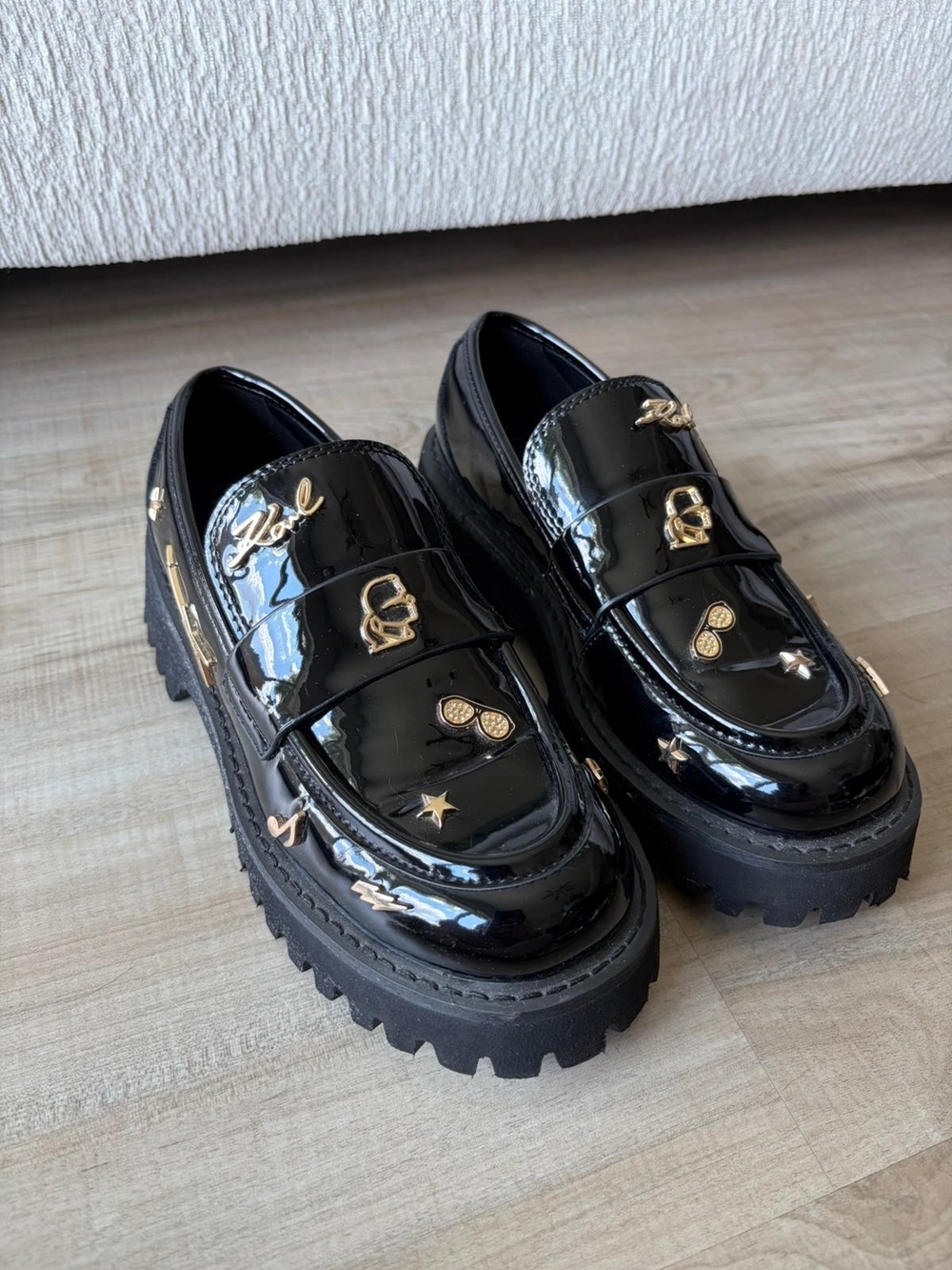 Karl Lagerfeld Black Patent Leather Chunky Loafers with Gold Hardware